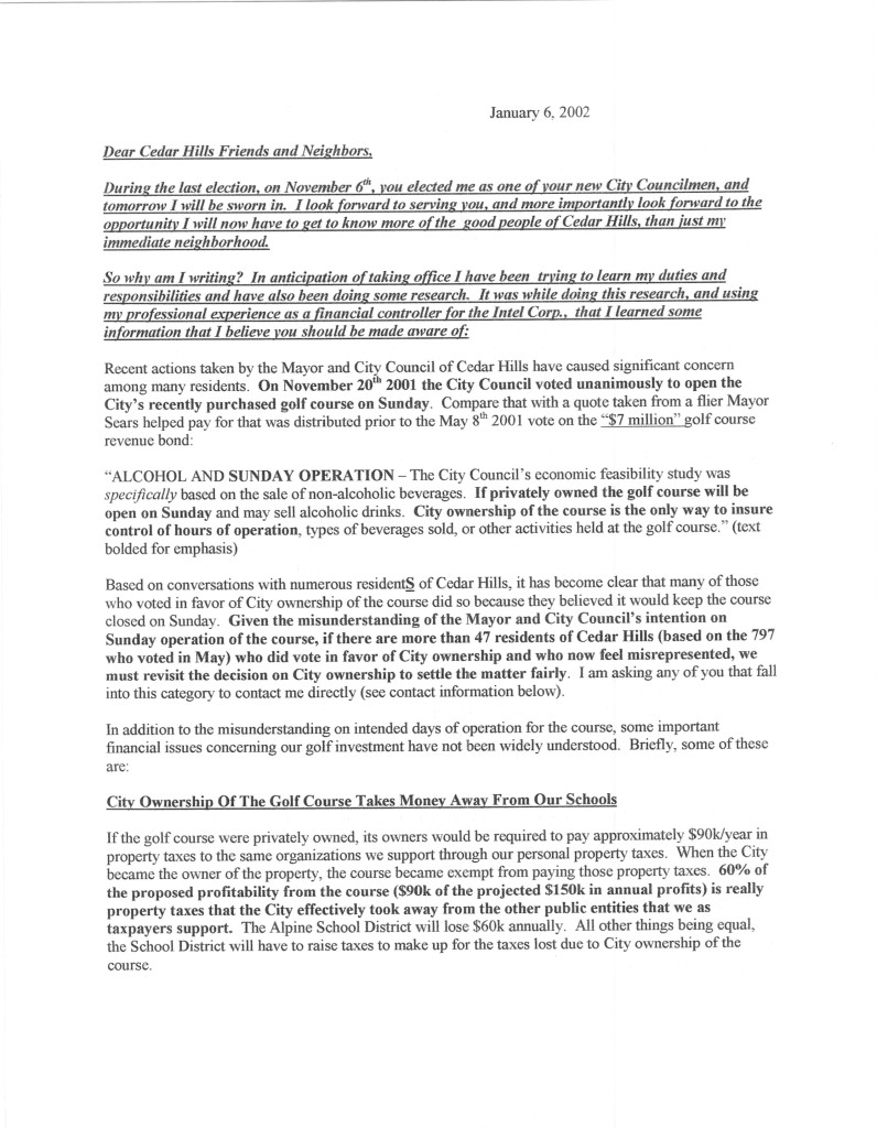 New Councilman Rob Fotheringham letter to CH residents 2002 01 06 - golf financial analysis-1of2