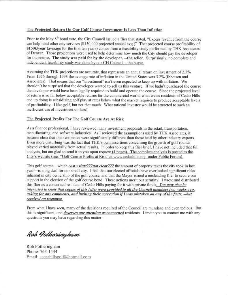 New Councilman Rob Fotheringham letter to CH residents 2002 01 06 - golf financial analysis-2of2